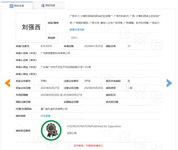 “劉強(qiáng)西”被搶注成商標(biāo)